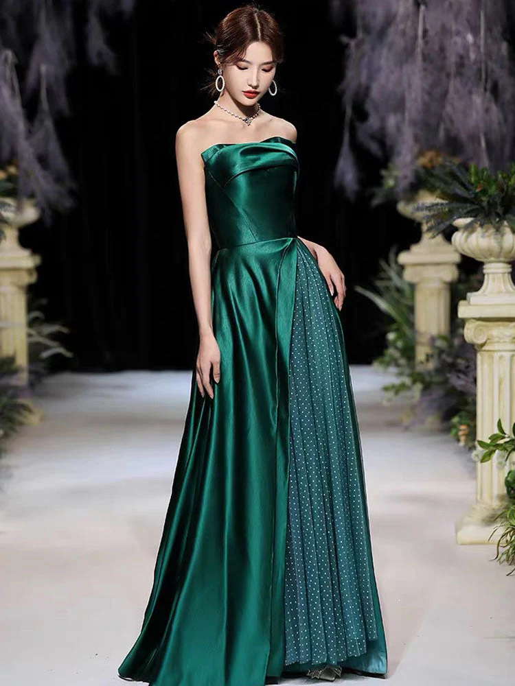 Modern Evening Dress A-Line Strapless Satin Fabric Floor-Length Pleated Formal Party Dresses Forest Green Pageant Dress - Image 4