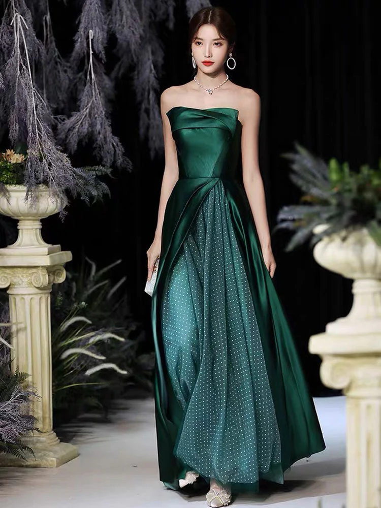 Modern Evening Dress A-Line Strapless Satin Fabric Floor-Length Pleated Formal Party Dresses Forest Green Pageant Dress - Image 5