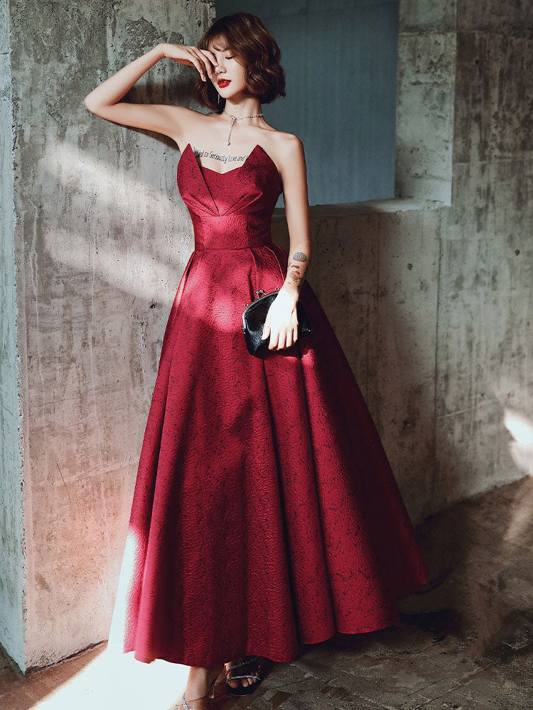 Modern Evening Dress A-Line Strapless Satin Fabric Floor-Length Pleated Social Party Dresses - Image 5