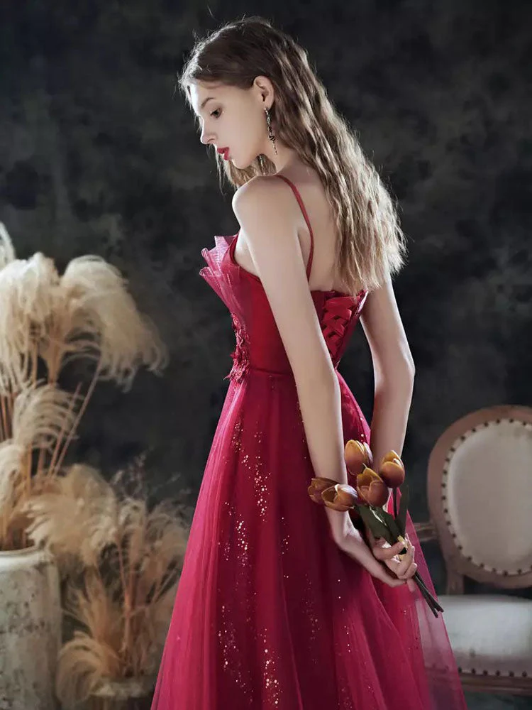 Amazing Evening Dress A-Line Sweetheart Neck Lace Floor-Length Sleeveless Party Dresses Burgundy Pageant Dress - Image 3