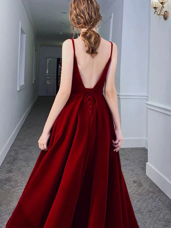 Stunning Evening Dress A Line Sweetheart Neck Velour Floor Length Pockets Formal Party Dresses - Image 3