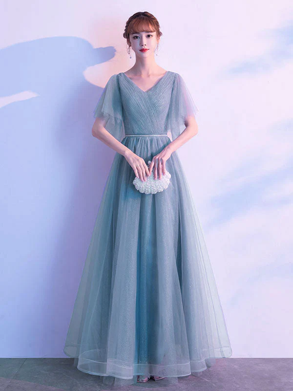 Amazing Evening Dress A Line V Neck Matte Satin Floor Length Sequins Formal Party Dresses - Image 3