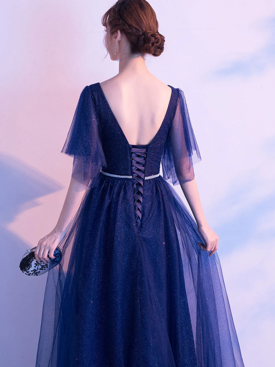 Amazing Evening Dress A Line V Neck Matte Satin Floor Length Sequins Formal Party Dresses - Image 4