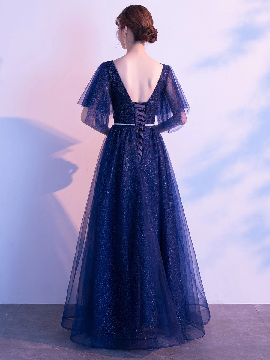 Amazing Evening Dress A Line V Neck Matte Satin Floor Length Sequins Formal Party Dresses - Image 5