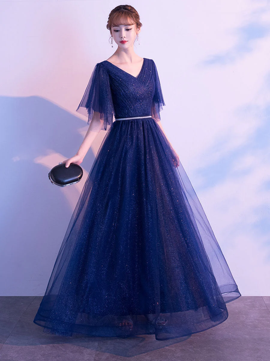 Amazing Evening Dress A Line V Neck Matte Satin Floor Length Sequins Formal Party Dresses - Image 6