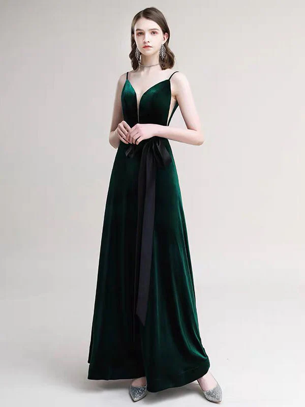 Amazing Evening Dress A Line V Neck Velour Floor Length Sash Social Pageant Dresses - Image 2