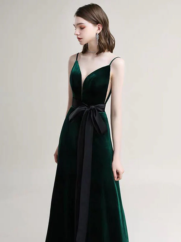 Amazing Evening Dress A Line V Neck Velour Floor Length Sash Social Pageant Dresses - Image 4