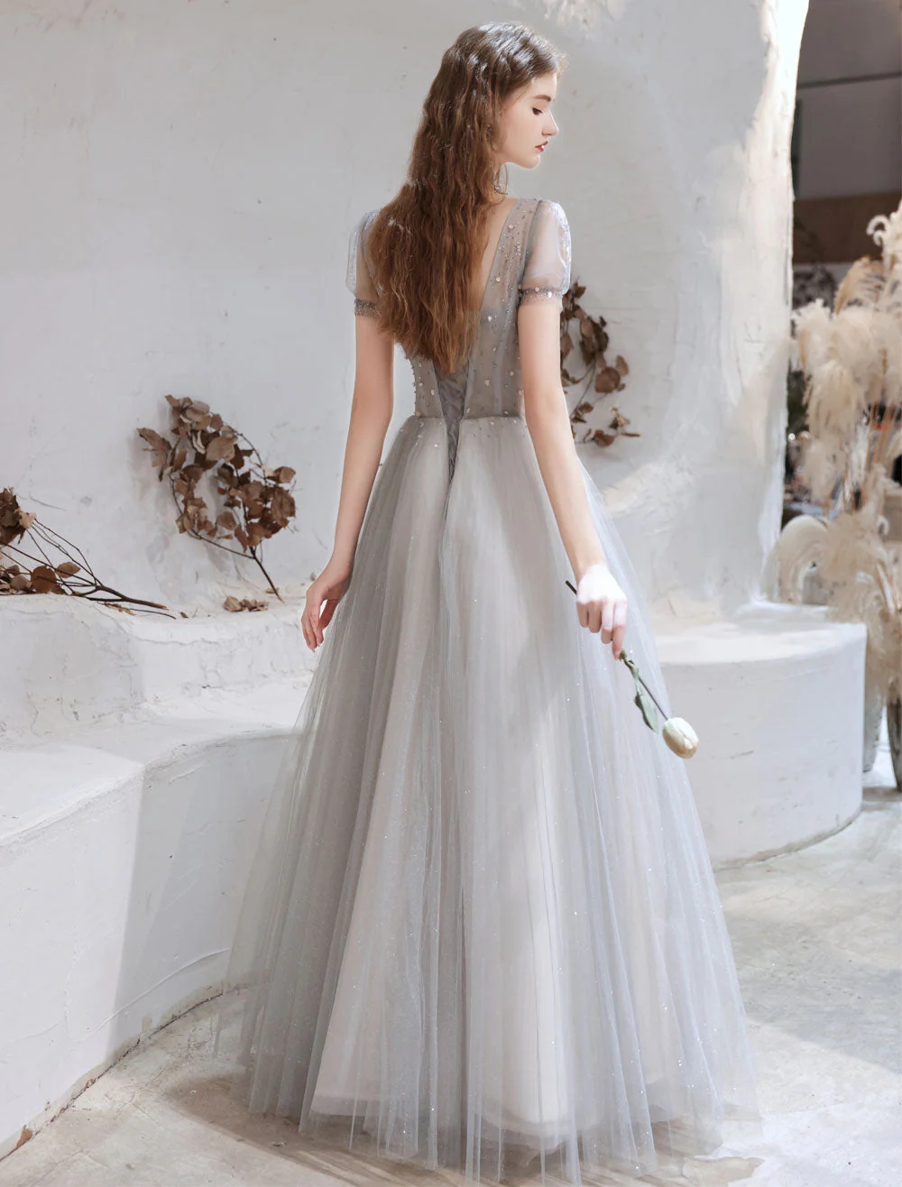 Stunning Evening Dress Light Grey A Line Bateau Neck Floor Length Social Party Dresses Pageant Dress - Image 2