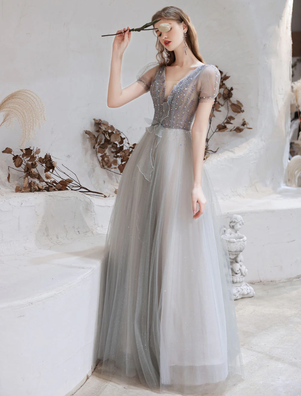 Stunning Evening Dress Light Grey A Line Bateau Neck Floor Length Social Party Dresses Pageant Dress - Image 3