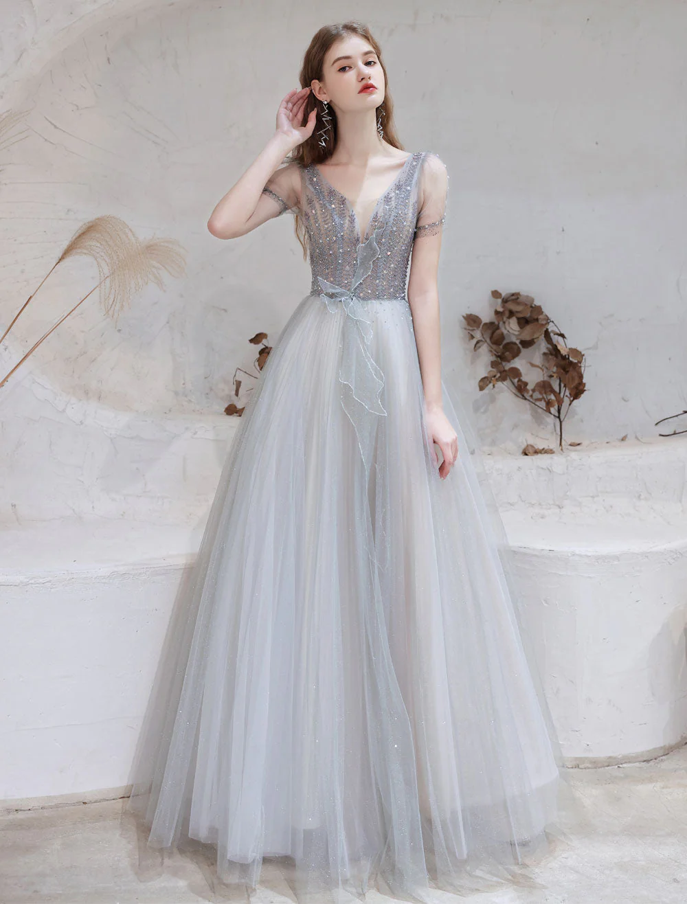 Stunning Evening Dress Light Grey A Line Bateau Neck Floor Length Social Party Dresses Pageant Dress - Image 5