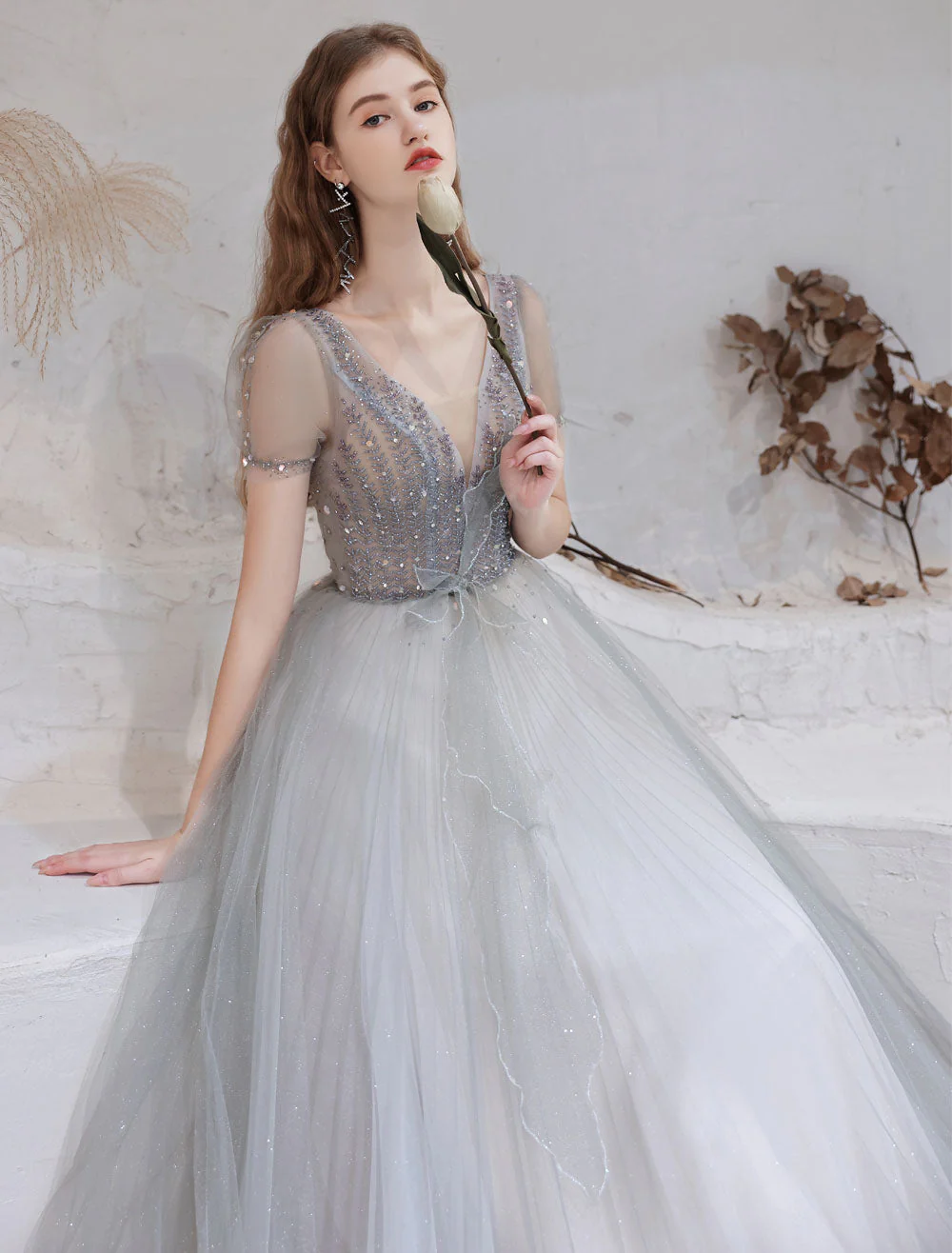 Stunning Evening Dress Light Grey A Line Bateau Neck Floor Length Social Party Dresses Pageant Dress - Image 6