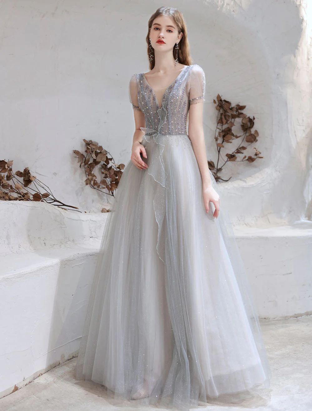 Stunning Evening Dress Light Grey A Line Bateau Neck Floor Length Social Party Dresses Pageant Dress - Image 9