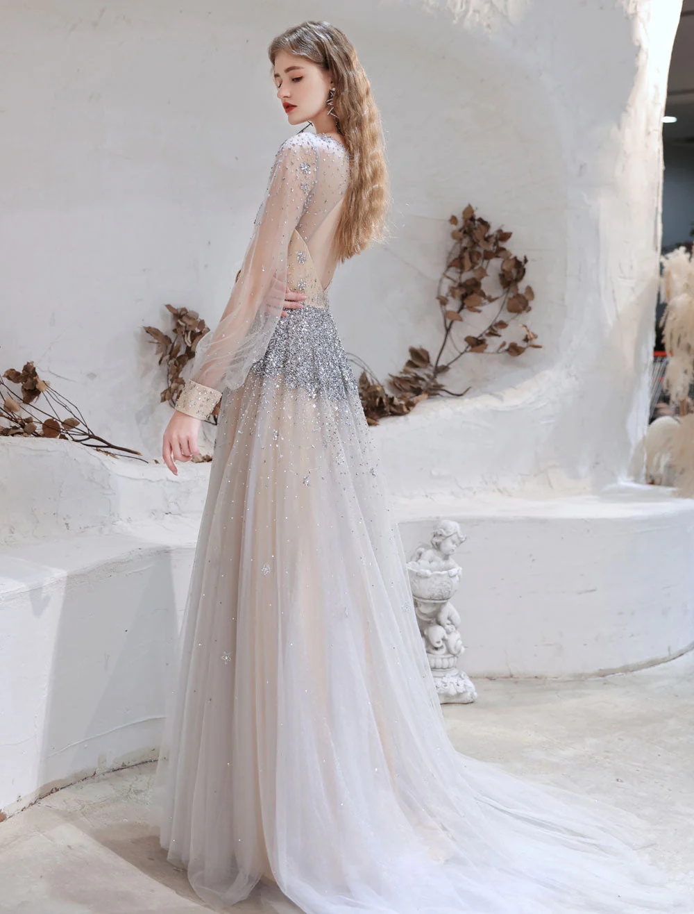 Stunning Evening Dress Light Grey A Line Jewel Neck With Train Long Sleeves Zipper Formal Dinner Pageant Dress - Image 2
