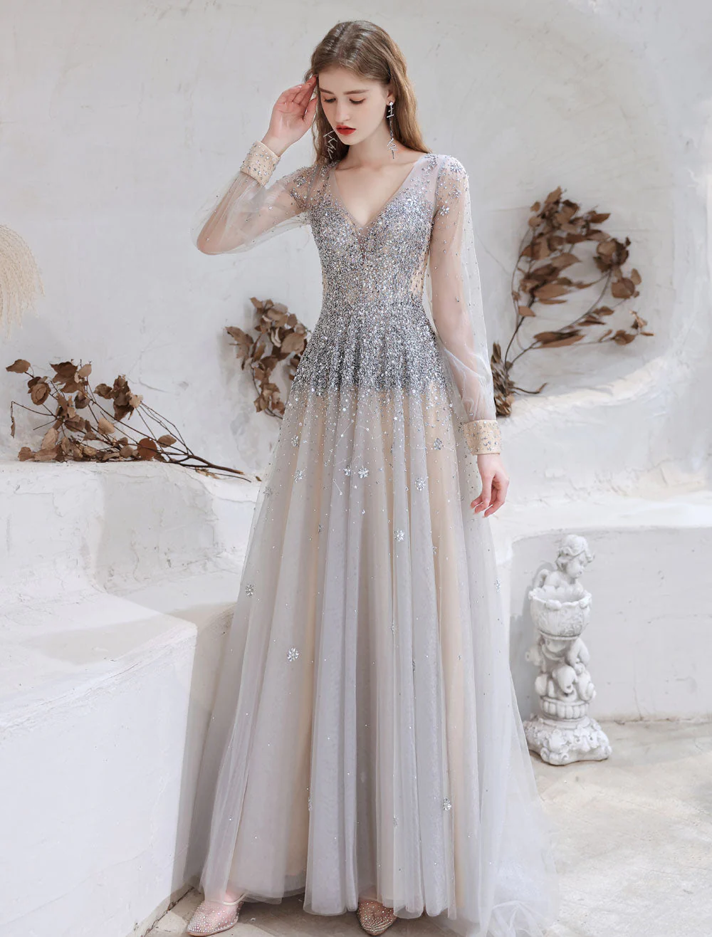Stunning Evening Dress Light Grey A Line Jewel Neck With Train Long Sleeves Zipper Formal Dinner Pageant Dress - Image 3