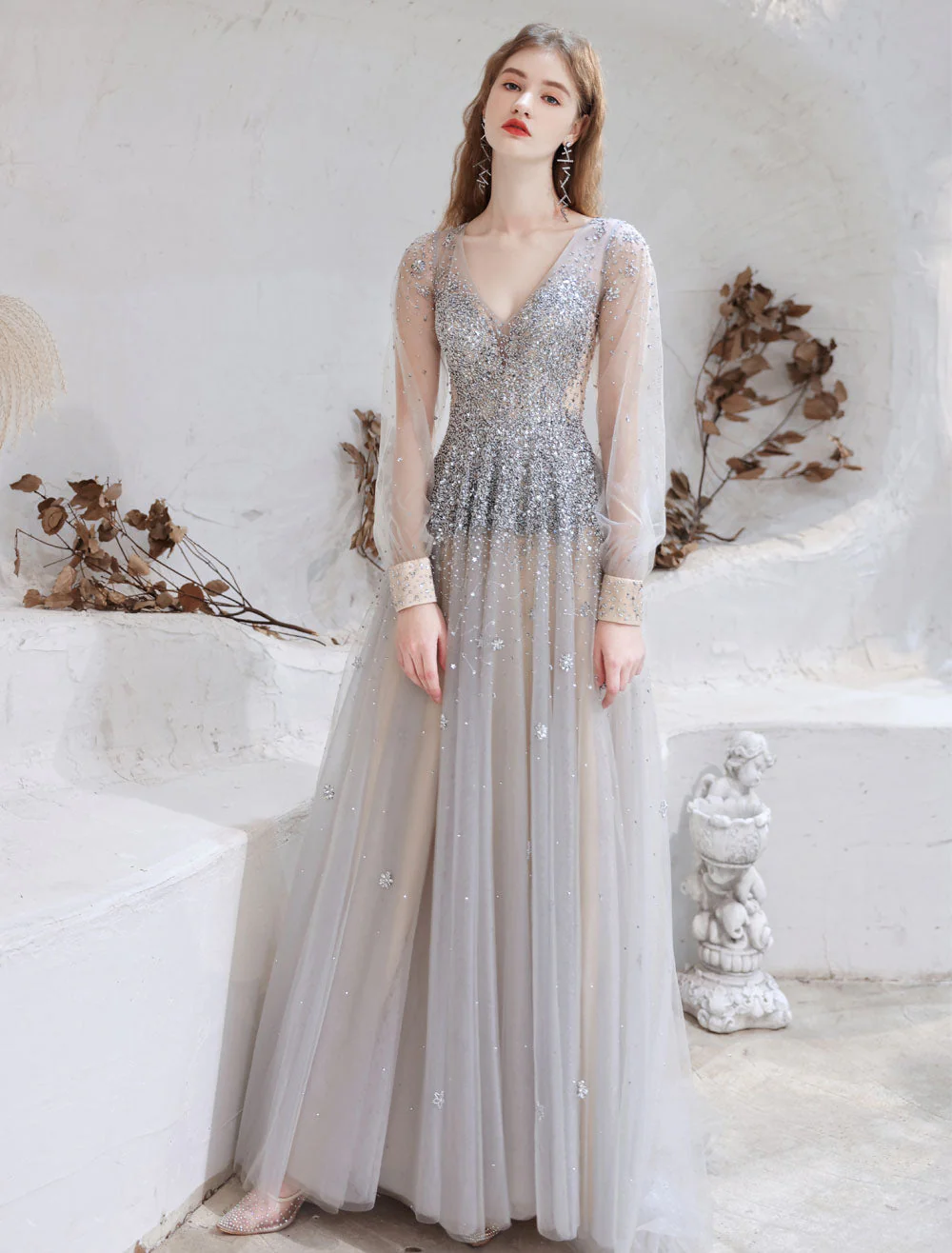 Stunning Evening Dress Light Grey A Line Jewel Neck With Train Long Sleeves Zipper Formal Dinner Pageant Dress - Image 4