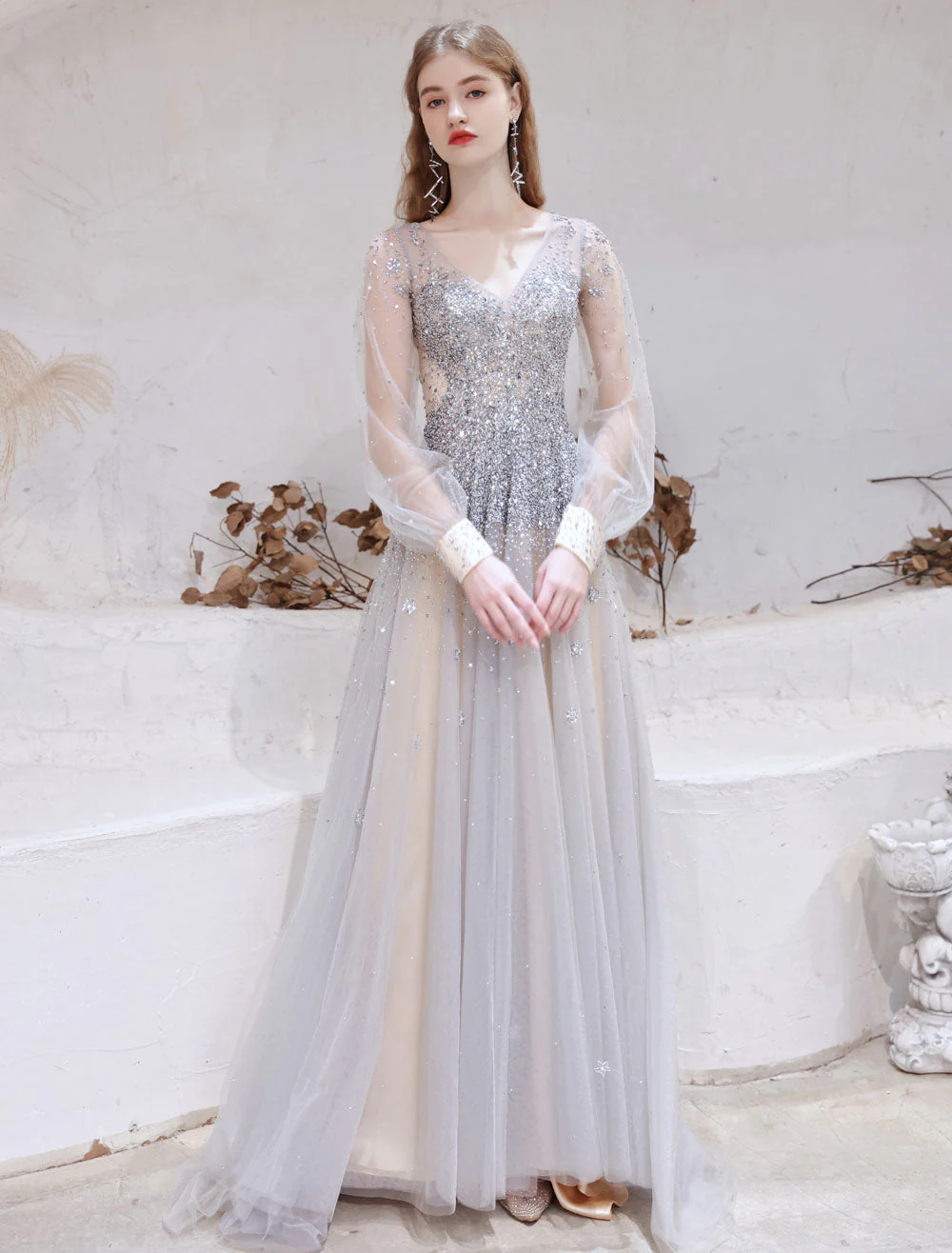 Stunning Evening Dress Light Grey A Line Jewel Neck With Train Long Sleeves Zipper Formal Dinner Pageant Dress - Image 5