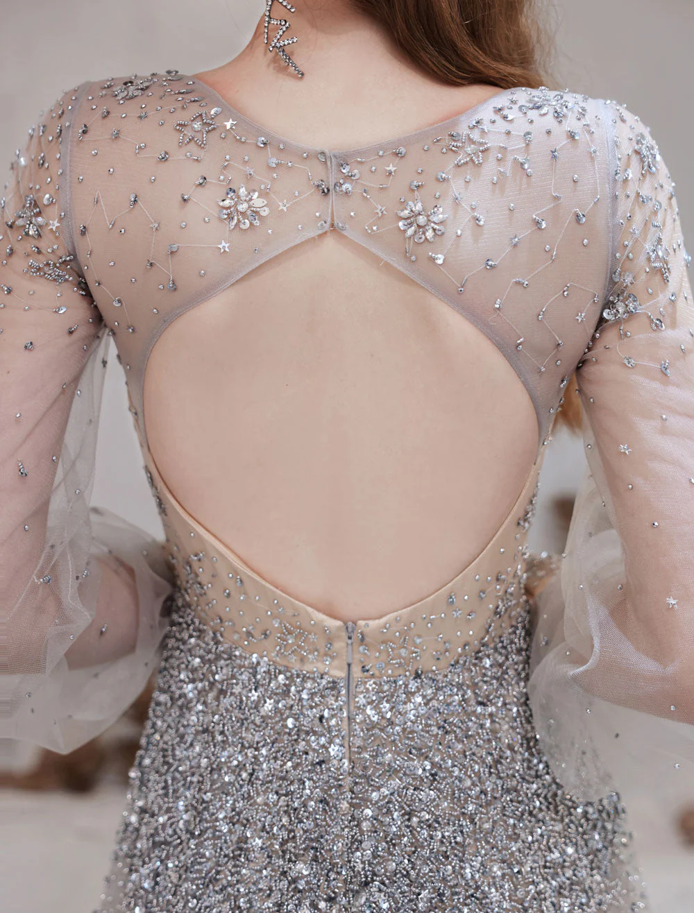 Stunning Evening Dress Light Grey A Line Jewel Neck With Train Long Sleeves Zipper Formal Dinner Pageant Dress - Image 6