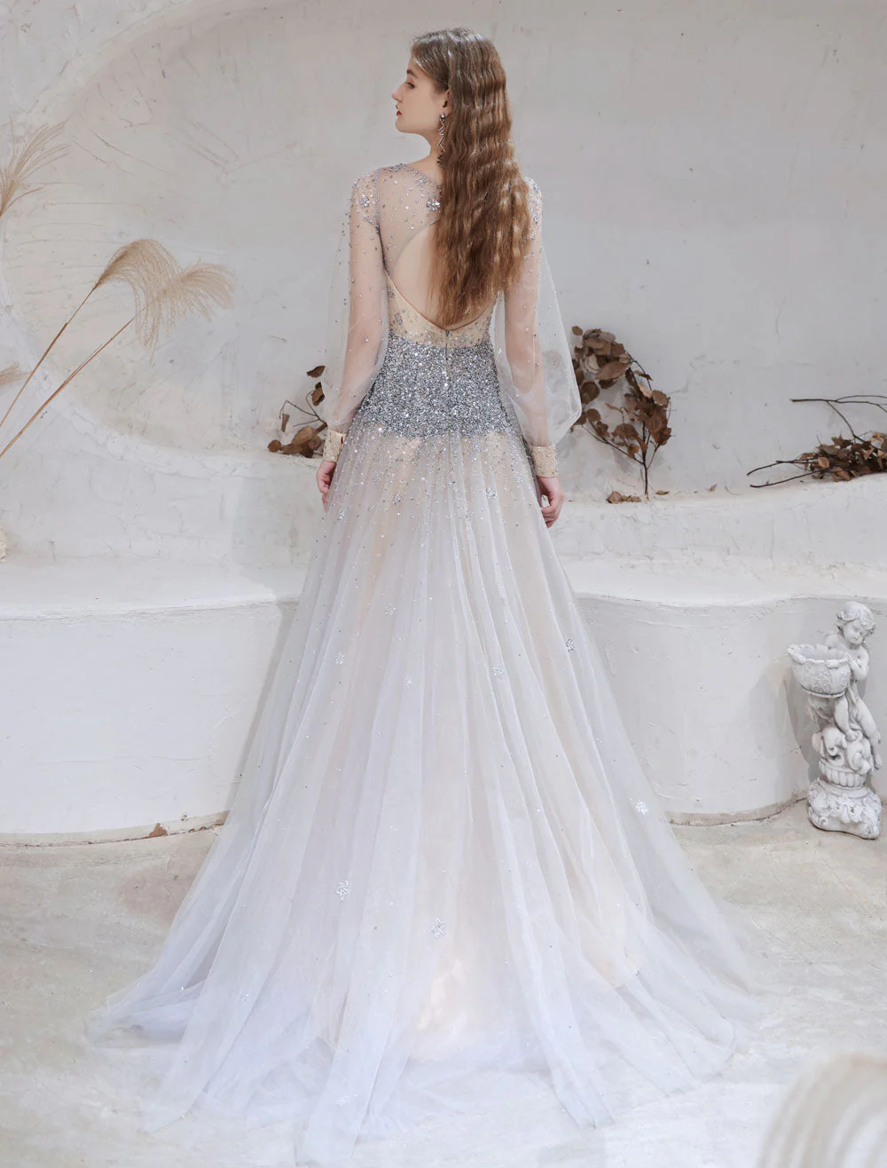 Stunning Evening Dress Light Grey A Line Jewel Neck With Train Long Sleeves Zipper Formal Dinner Pageant Dress - Image 7