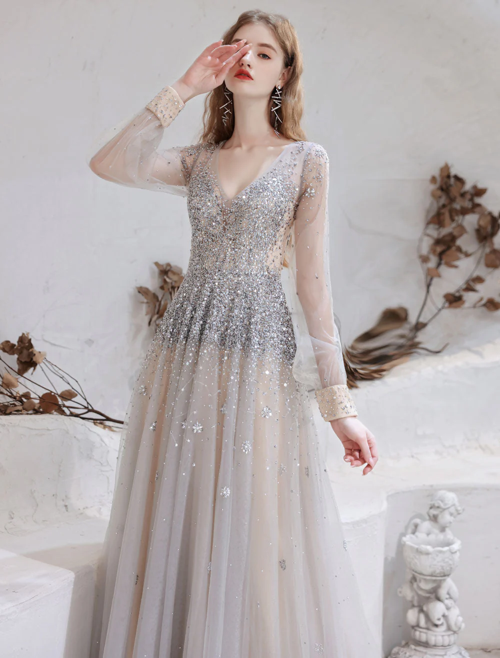 Stunning Evening Dress Light Grey A Line Jewel Neck With Train Long Sleeves Zipper Formal Dinner Pageant Dress - Image 8