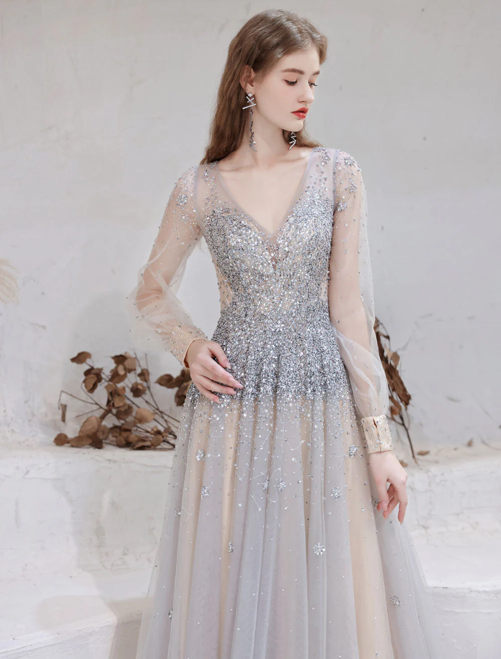 Stunning Evening Dress Light Grey A Line Jewel Neck With Train Long Sleeves Zipper Formal Dinner Pageant Dress - Image 9