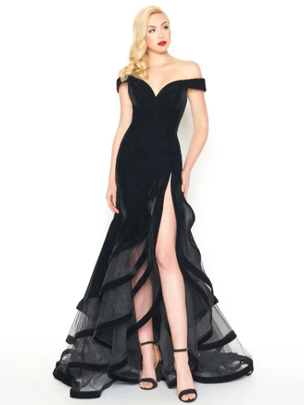 Amazing Evening Dress Mermaid Off-The-Shoulder Velour Ruffles Formal Split Party Dresses Gossip Gowns - Image 3