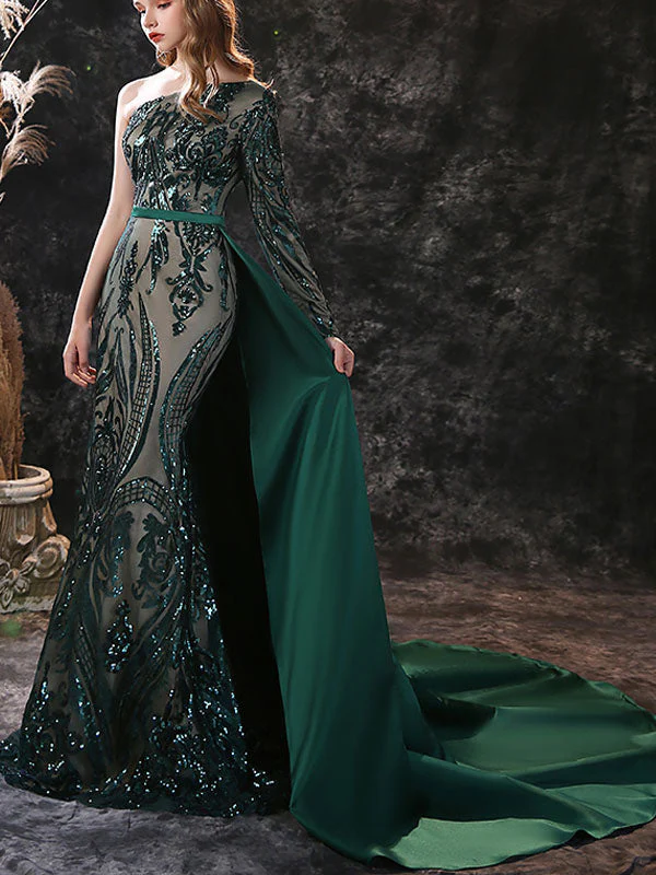 Gorgeous Evening Dress Mermaid One-Shoulder With Train Long Sleeves Zipper Lace Lace Formal Dinner Dresses - Image 2