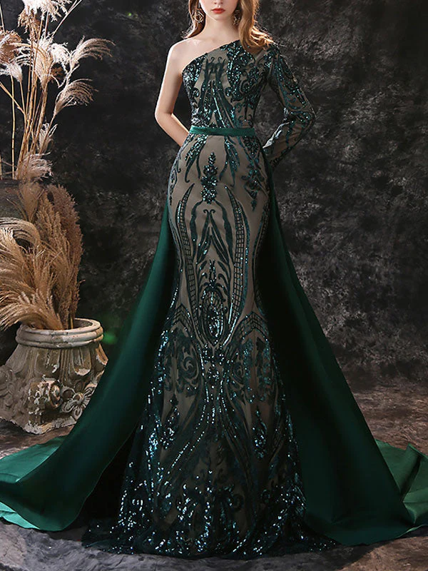 Gorgeous Evening Dress Mermaid One-Shoulder With Train Long Sleeves Zipper Lace Lace Formal Dinner Dresses - Image 3