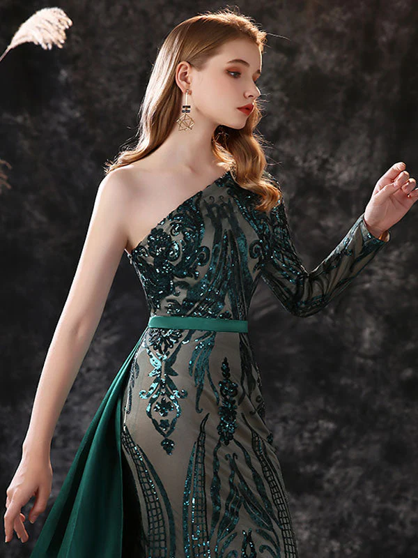 Gorgeous Evening Dress Mermaid One-Shoulder With Train Long Sleeves Zipper Lace Lace Formal Dinner Dresses - Image 5