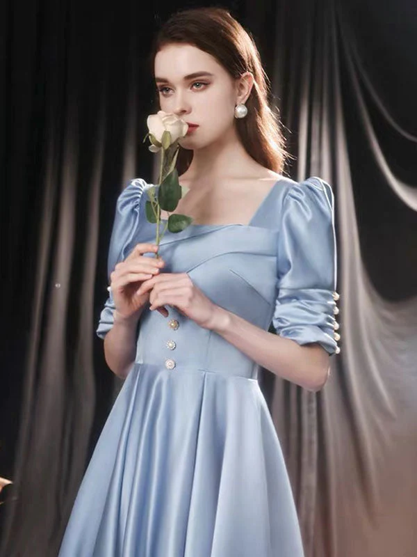 Modern Evening Dress Mint Blue A-Line Square Neck Floor-Length Half Sleeves Lace-up Pageant Dress - Image 2