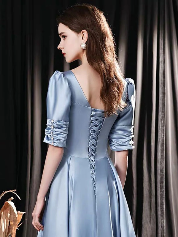 Modern Evening Dress Mint Blue A-Line Square Neck Floor-Length Half Sleeves Lace-up Pageant Dress - Image 3