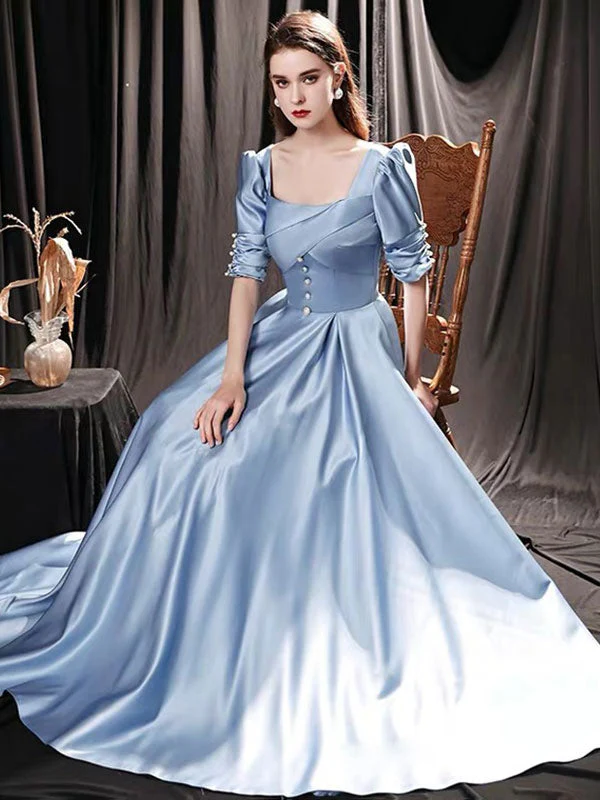 Modern Evening Dress Mint Blue A-Line Square Neck Floor-Length Half Sleeves Lace-up Pageant Dress - Image 4