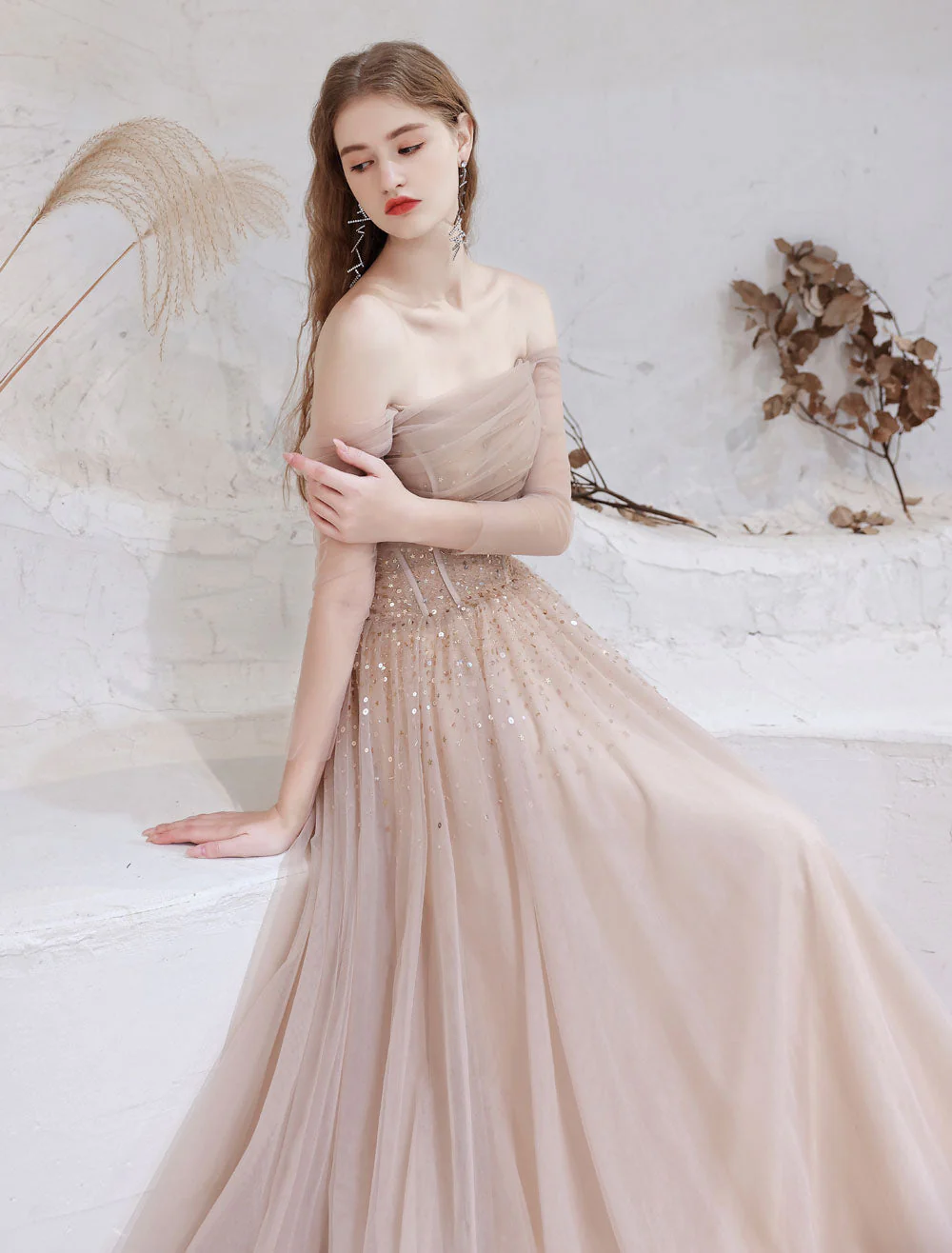 Stunning Evening Dress Nude Color A Line Bateau Neck Floor Length Sequins Formal Party Dresses Pageant Dress - Image 10
