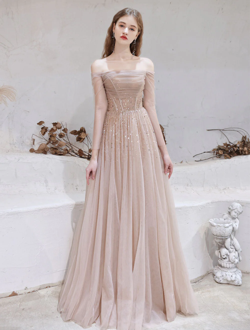 Stunning Evening Dress Nude Color A Line Bateau Neck Floor Length Sequins Formal Party Dresses Pageant Dress - Image 2