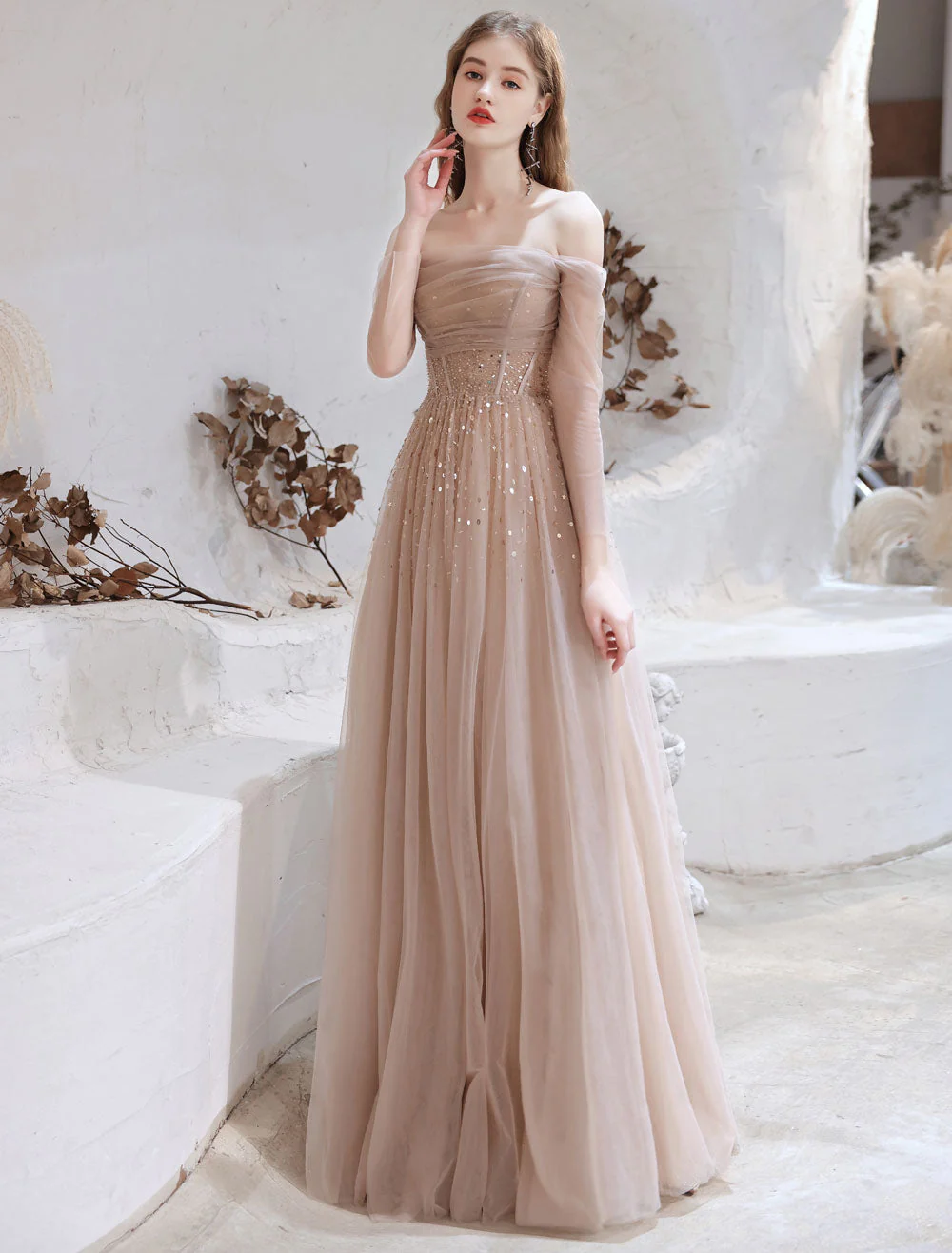 Stunning Evening Dress Nude Color A Line Bateau Neck Floor Length Sequins Formal Party Dresses Pageant Dress - Image 3