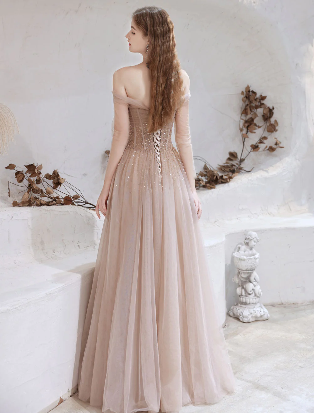 Stunning Evening Dress Nude Color A Line Bateau Neck Floor Length Sequins Formal Party Dresses Pageant Dress - Image 4