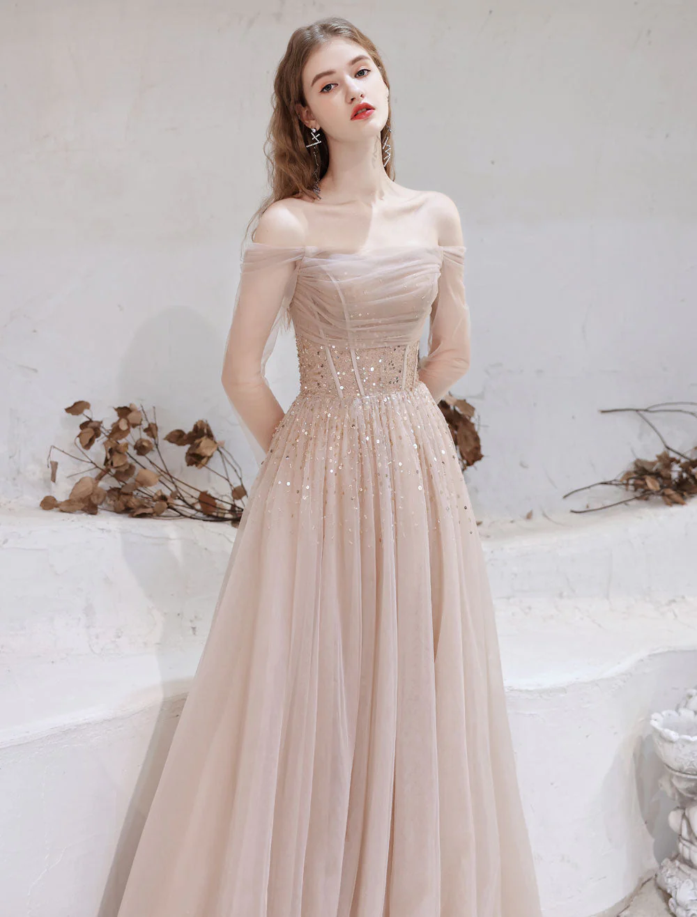 Stunning Evening Dress Nude Color A Line Bateau Neck Floor Length Sequins Formal Party Dresses Pageant Dress - Image 5