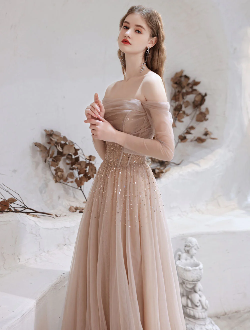 Stunning Evening Dress Nude Color A Line Bateau Neck Floor Length Sequins Formal Party Dresses Pageant Dress - Image 7