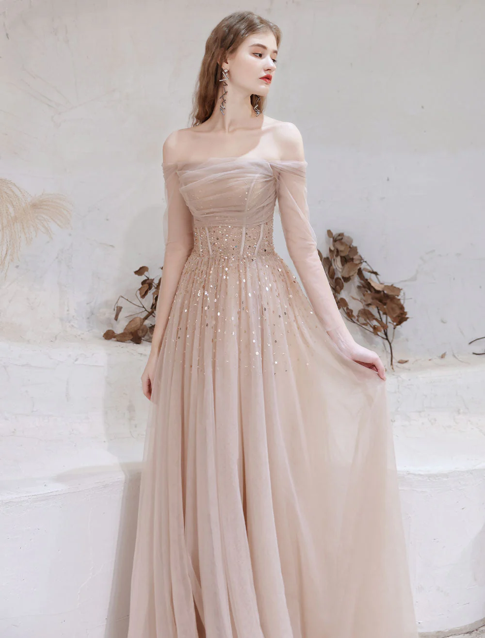 Stunning Evening Dress Nude Color A Line Bateau Neck Floor Length Sequins Formal Party Dresses Pageant Dress - Image 8