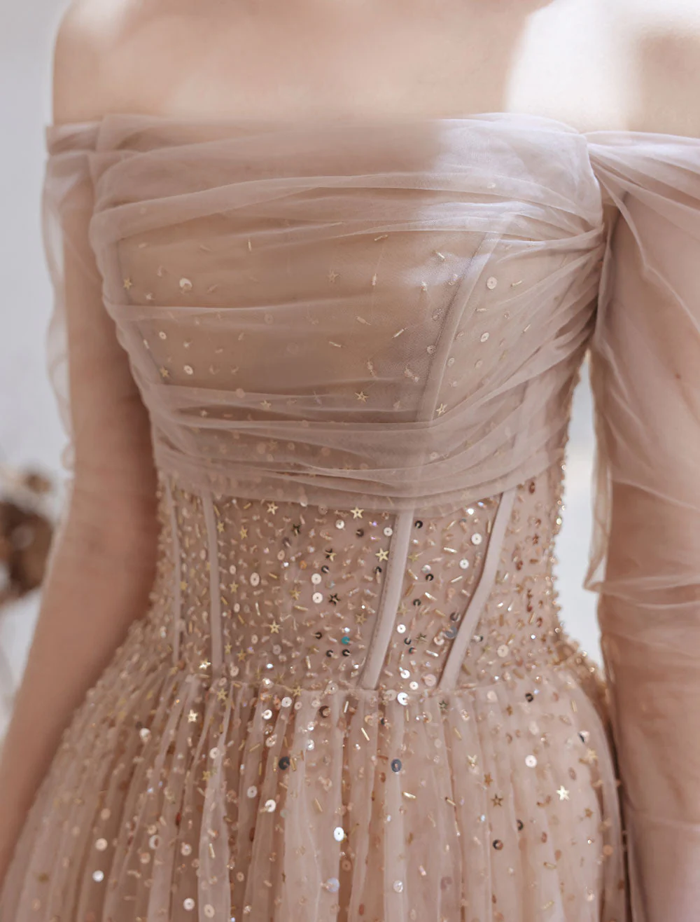 Stunning Evening Dress Nude Color A Line Bateau Neck Floor Length Sequins Formal Party Dresses Pageant Dress - Image 9