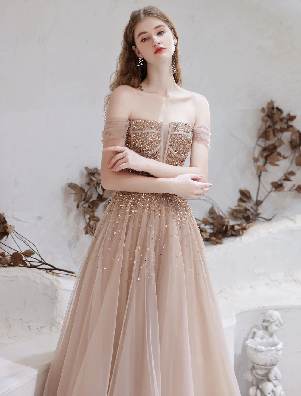 Stunning Evening Dress Nude Color A Line Bateau Neck Floor Length Short Sleeves Lace Up Sequins Formal Dinner Dresses Pageant Dress - Image 10