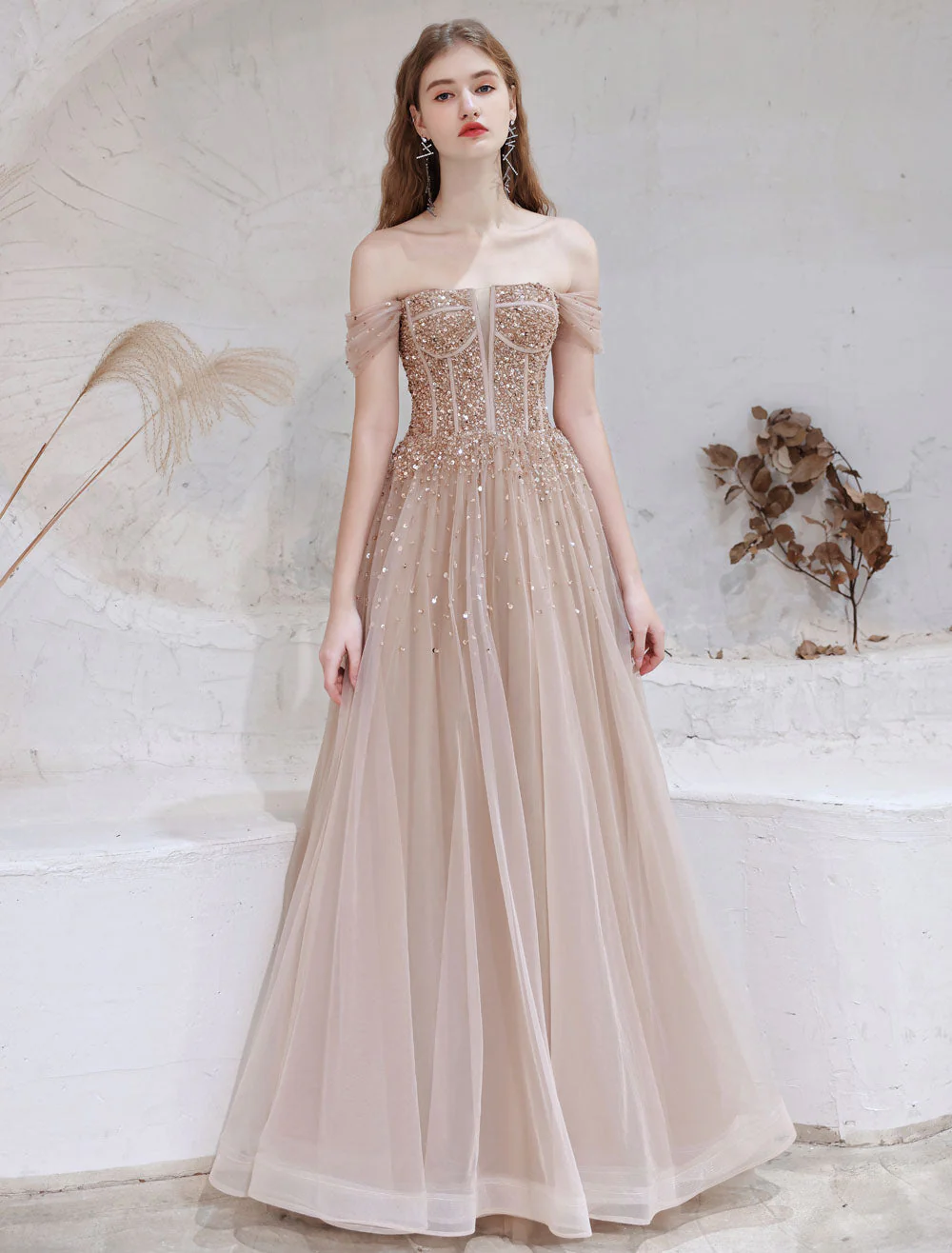 Stunning Evening Dress Nude Color A Line Bateau Neck Floor Length Short Sleeves Lace Up Sequins Formal Dinner Dresses Pageant Dress - Image 2