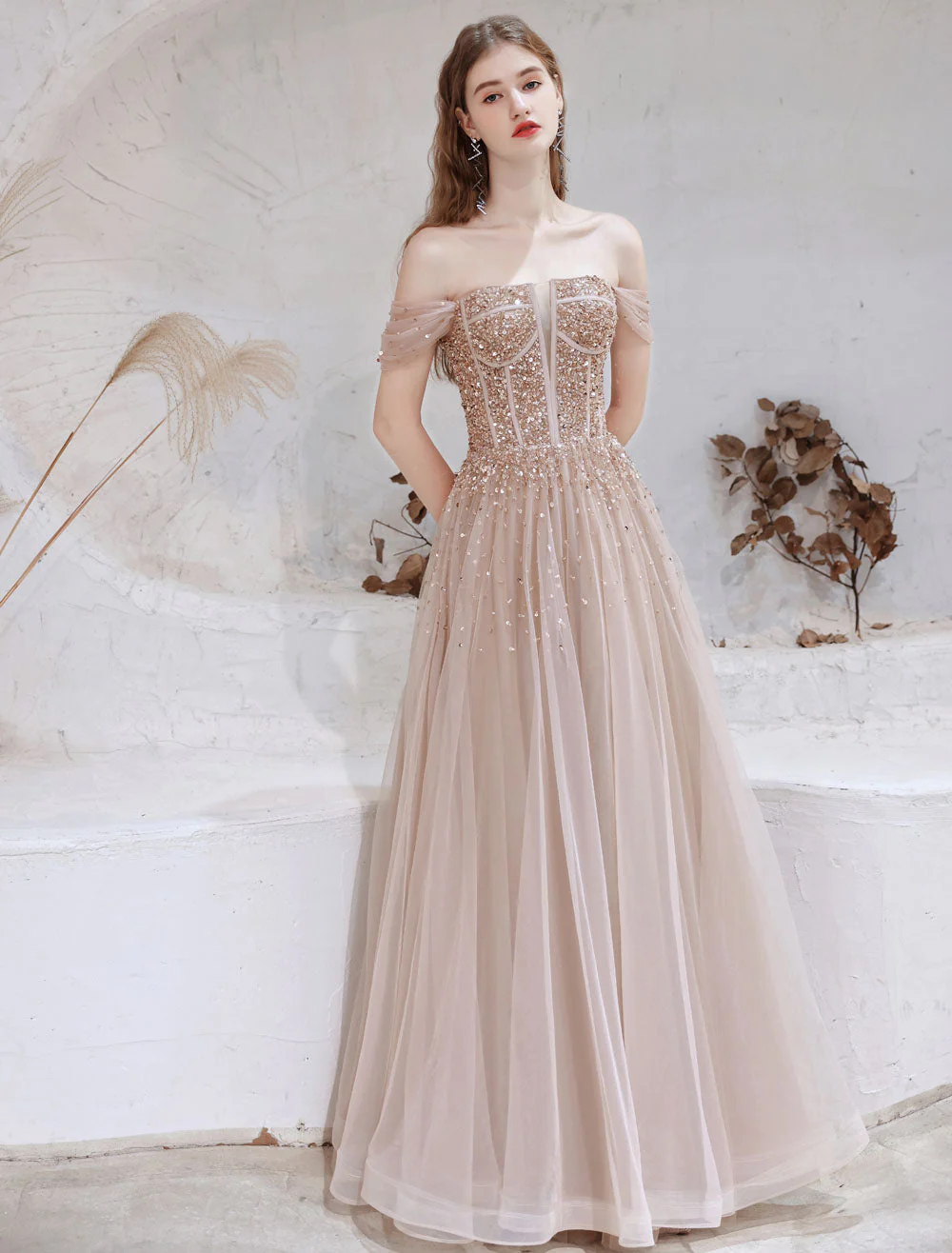 Stunning Evening Dress Nude Color A Line Bateau Neck Floor Length Short Sleeves Lace Up Sequins Formal Dinner Dresses Pageant Dress - Image 3