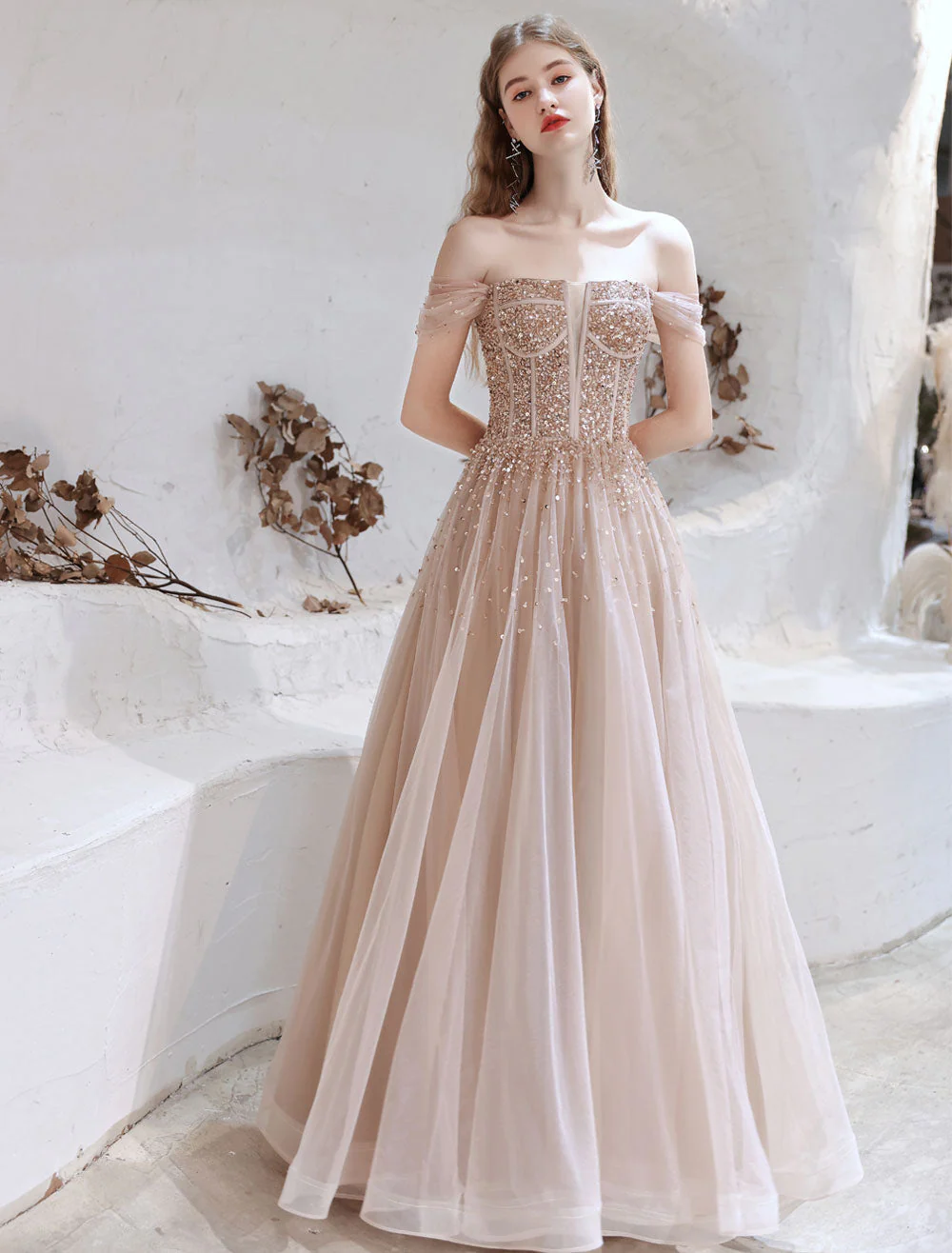 Stunning Evening Dress Nude Color A Line Bateau Neck Floor Length Short Sleeves Lace Up Sequins Formal Dinner Dresses Pageant Dress - Image 4