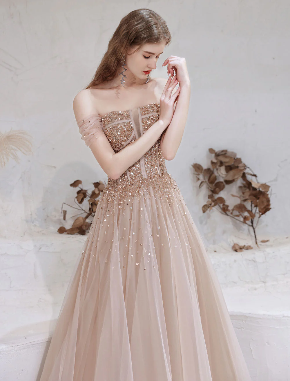 Stunning Evening Dress Nude Color A Line Bateau Neck Floor Length Short Sleeves Lace Up Sequins Formal Dinner Dresses Pageant Dress - Image 5