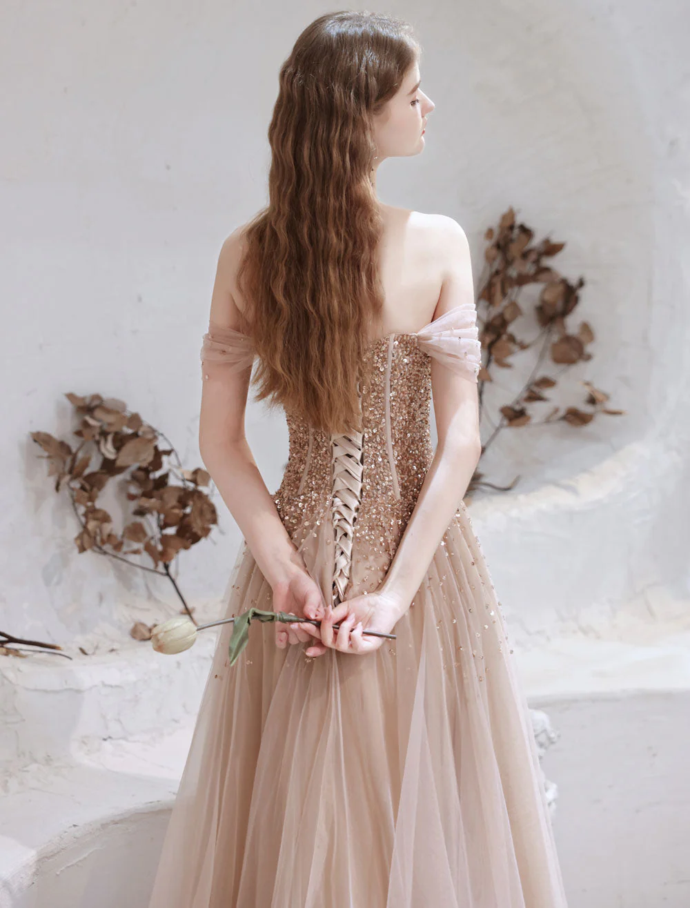 Stunning Evening Dress Nude Color A Line Bateau Neck Floor Length Short Sleeves Lace Up Sequins Formal Dinner Dresses Pageant Dress - Image 6