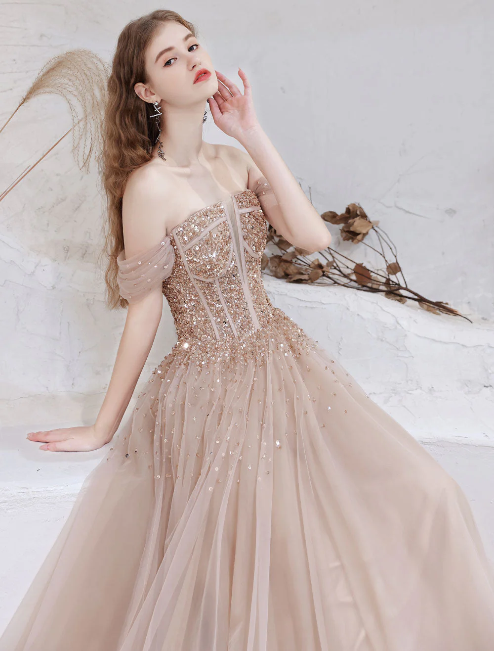 Stunning Evening Dress Nude Color A Line Bateau Neck Floor Length Short Sleeves Lace Up Sequins Formal Dinner Dresses Pageant Dress - Image 7
