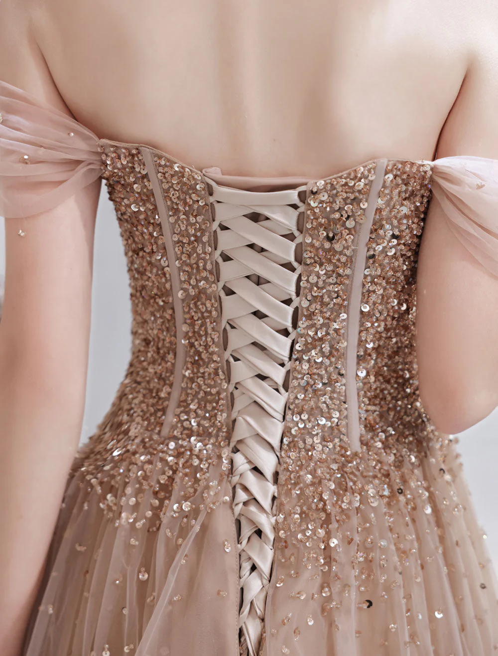 Stunning Evening Dress Nude Color A Line Bateau Neck Floor Length Short Sleeves Lace Up Sequins Formal Dinner Dresses Pageant Dress - Image 9
