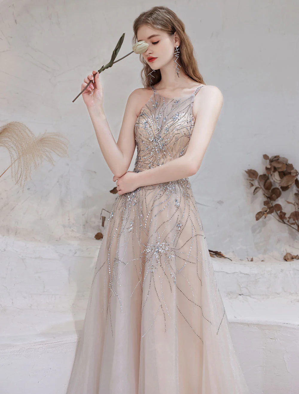 Amazing Evening Dress Nude Color A Line Bateau Neck With Train Sleeveless Zipper Formal Party Dresses Pageant Dress - Image 10