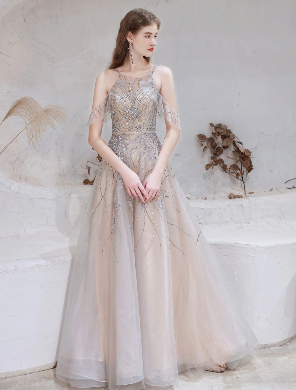Amazing Evening Dress Nude Color A Line Bateau Neck With Train Sleeveless Zipper Formal Party Dresses Pageant Dress - Image 2