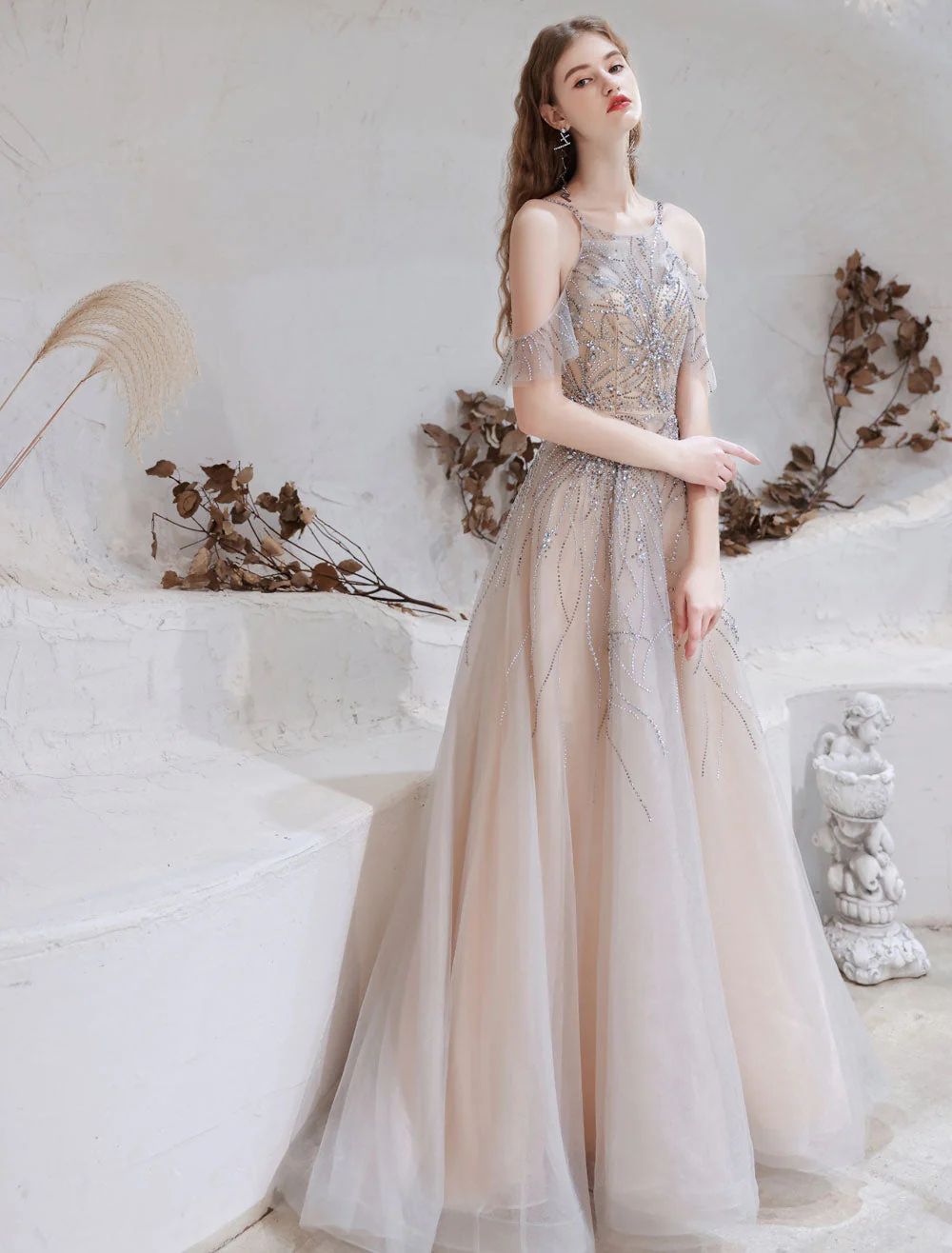 Amazing Evening Dress Nude Color A Line Bateau Neck With Train Sleeveless Zipper Formal Party Dresses Pageant Dress - Image 3